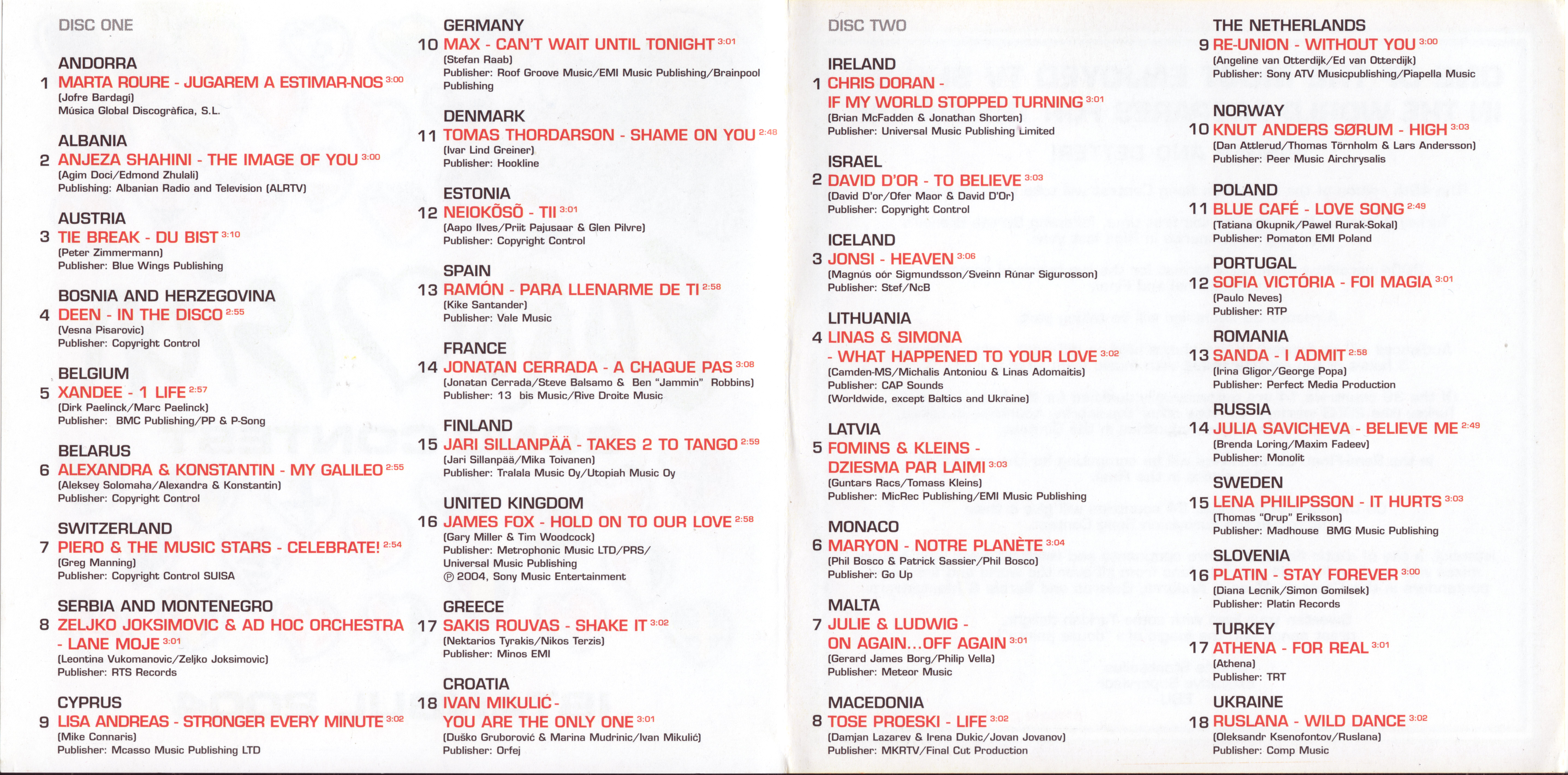 Eurovision Song Contest 2004; Istanbul : Booklet